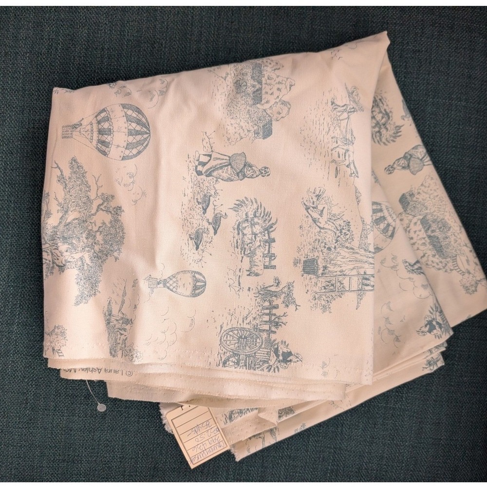 Vtg Laura Ashley Country Pursuit Toile Cotton Fabric 5.66 Yd Blue Cream 1992 UK